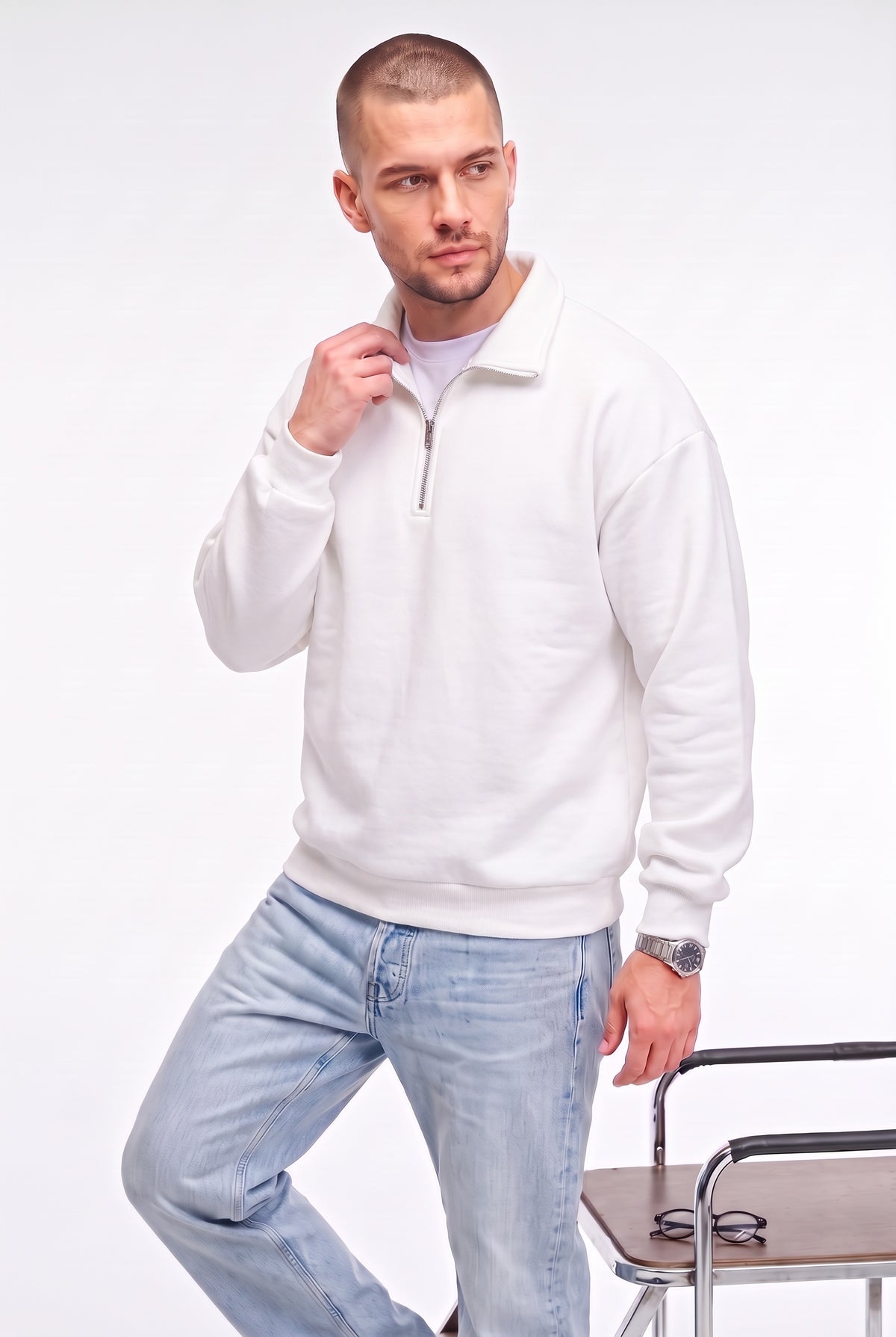 Erkek Ekru Kırık Beyaz Yarım Fermuar Polo Yaka 3 İplik İçi Polarlı Şardonlu Oversize Sweatshirt