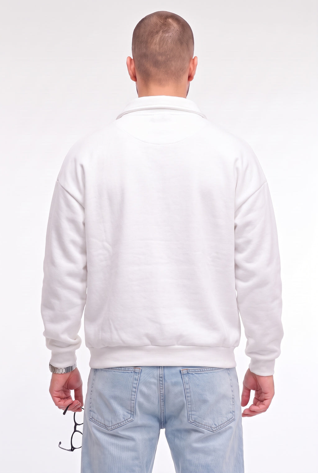 Erkek Ekru Kırık Beyaz Yarım Fermuar Polo Yaka 3 İplik İçi Polarlı Şardonlu Oversize Sweatshirt