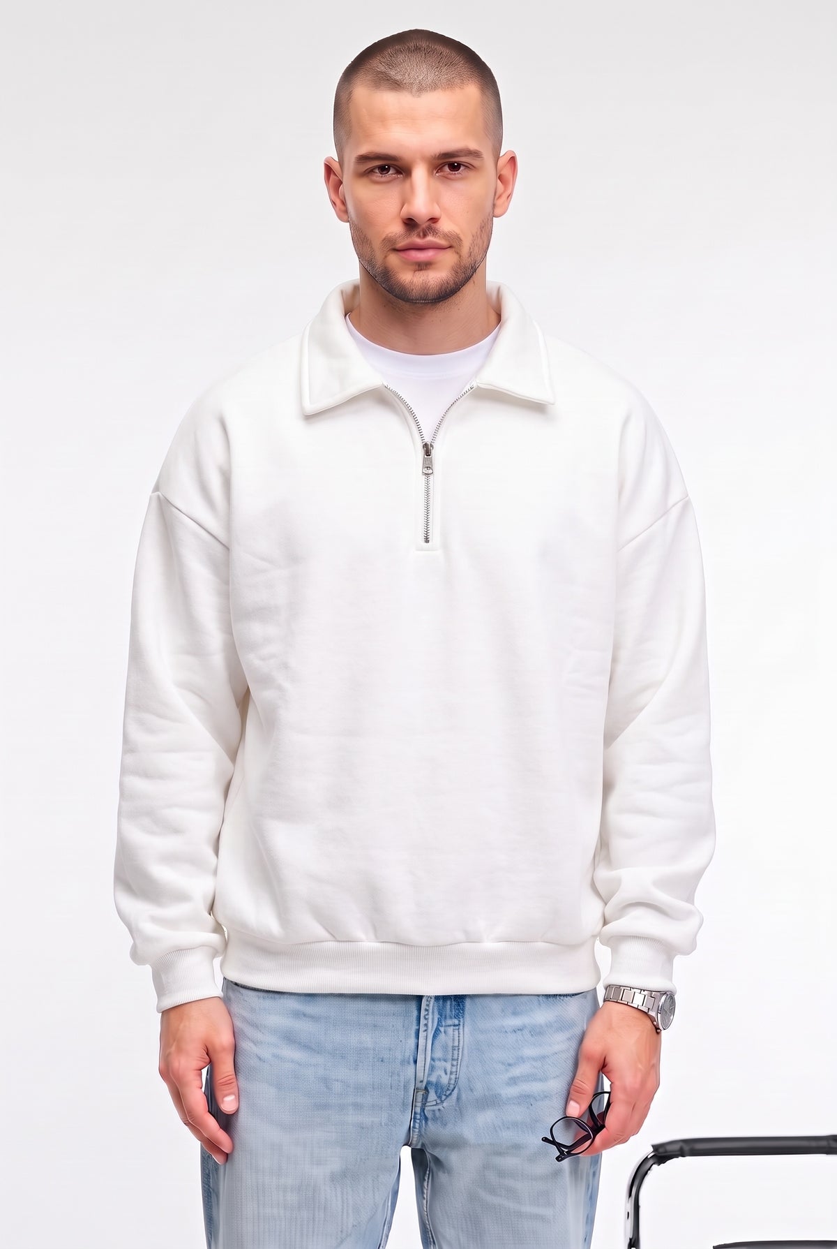Erkek Ekru Kırık Beyaz Yarım Fermuar Polo Yaka Oversize Salaş Bol Kesim Polar Sweatshirt