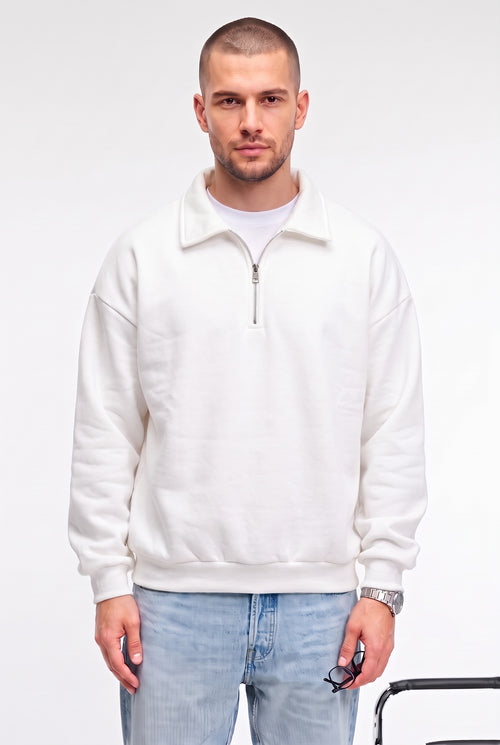 Erkek Ekru Kırık Beyaz Yarım Fermuar Polo Yaka Oversize Salaş Bol Kesim Polar Sweatshirt