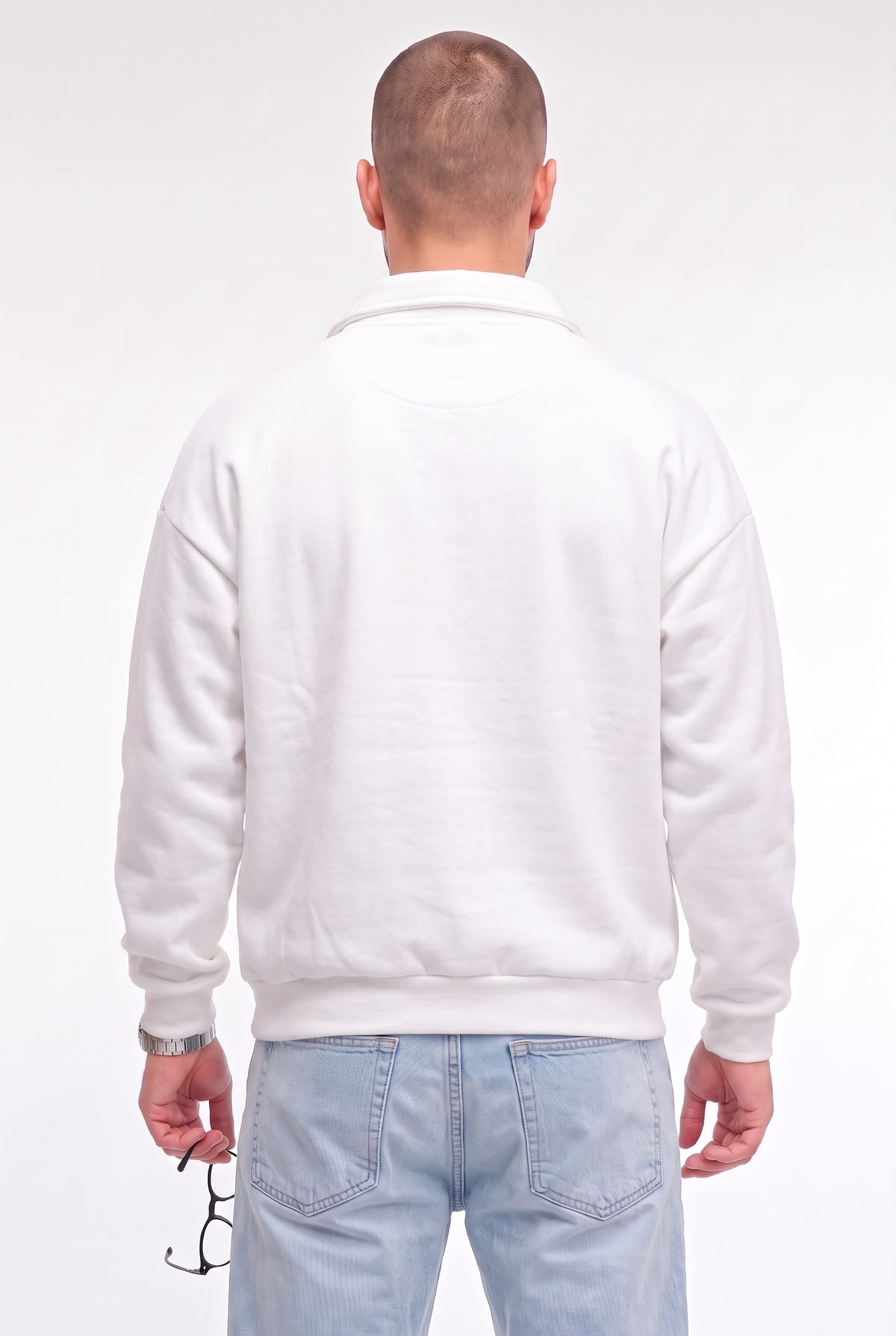 Erkek Ekru Kırık Beyaz Yarım Fermuar Polo Yaka Oversize Salaş Bol Kesim Polar Sweatshirt