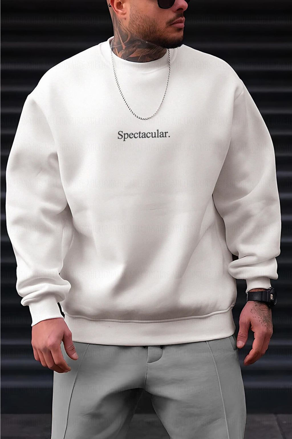 Erkek Kırık Beyaz Krem Ekru Spectacular Baskılı 0 Sıfır Yaka Oversize Salaş Bol Kesim Polar Sweatshirt