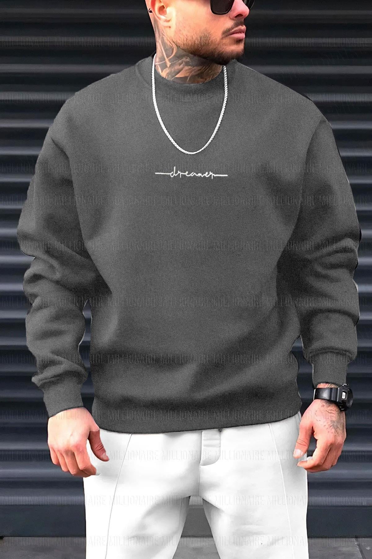 Erkek Füme Dreamer Baskılı 0 Sıfır Yaka Oversize Salaş Bol Kesim Polar Sweatshirt