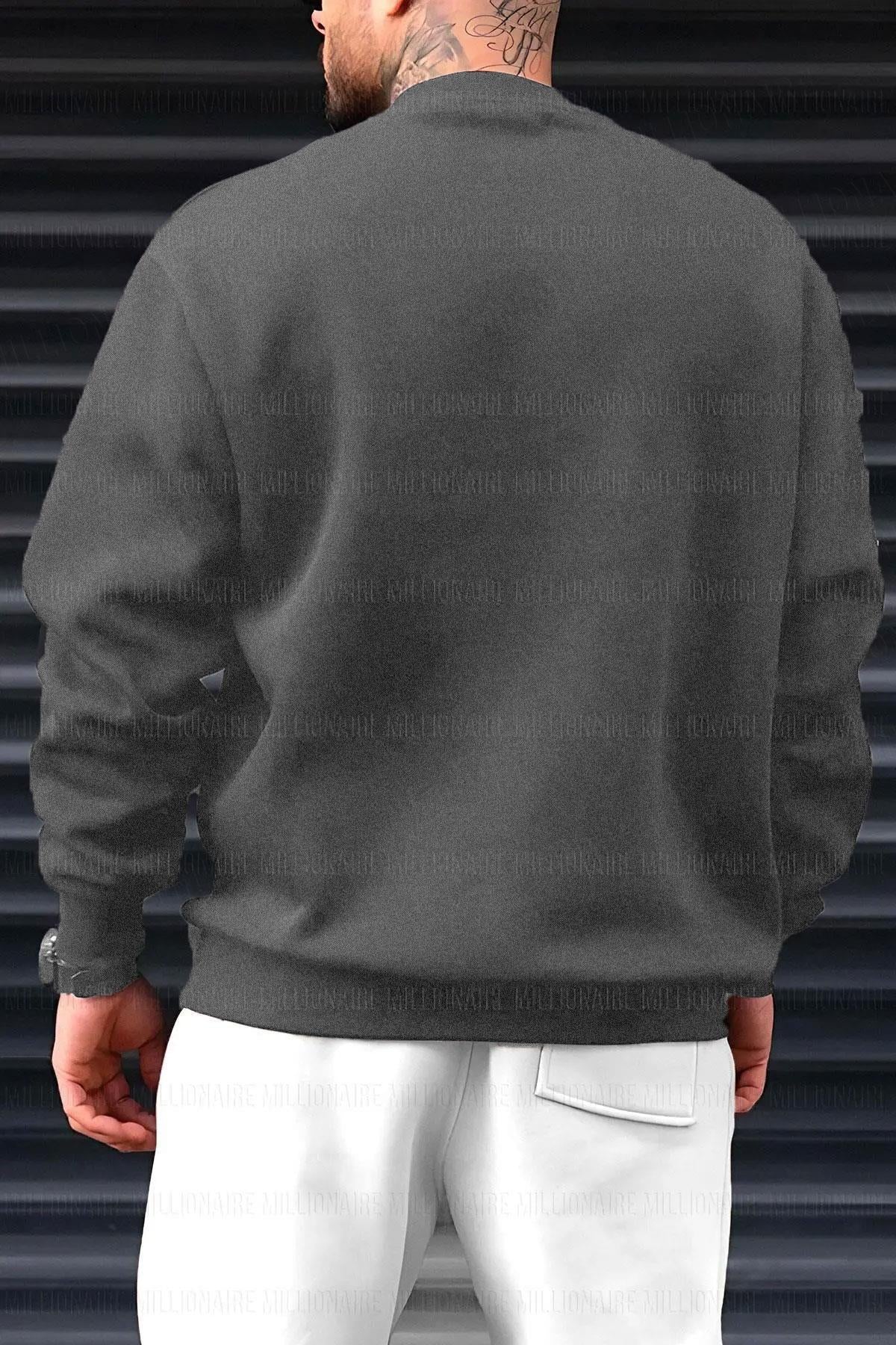 Erkek Füme Dreamer Baskılı 0 Sıfır Yaka Oversize Salaş Bol Kesim Polar Sweatshirt