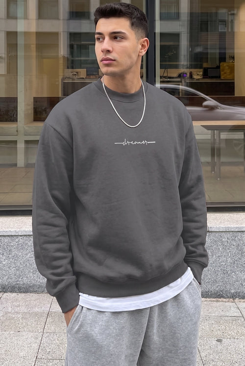 Erkek Füme Dreamer Baskılı 0 Sıfır Yaka Oversize Salaş Bol Kesim Polar Sweatshirt
