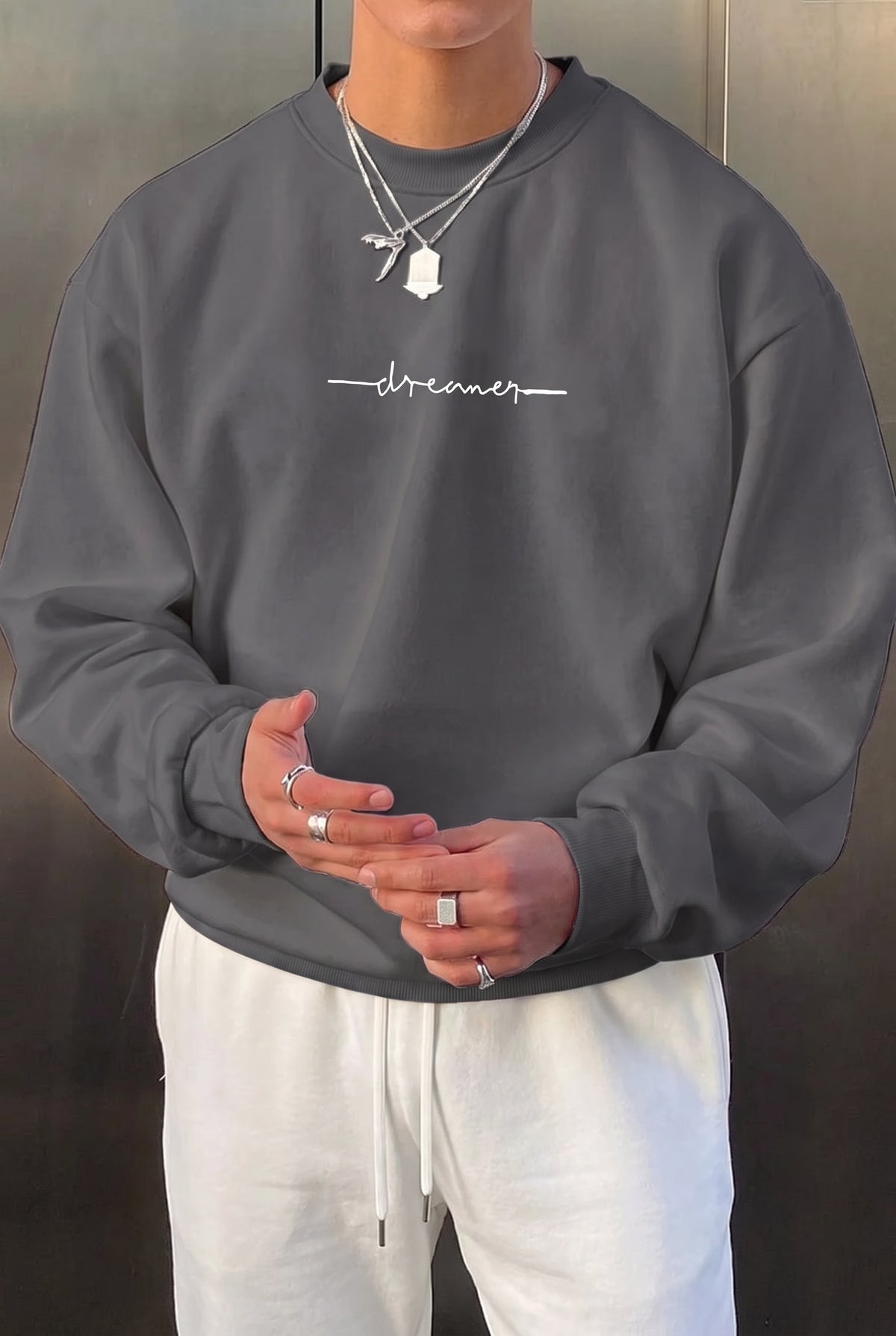 Erkek Füme Dreamer Baskılı 0 Sıfır Yaka Oversize Salaş Bol Kesim Polar Sweatshirt