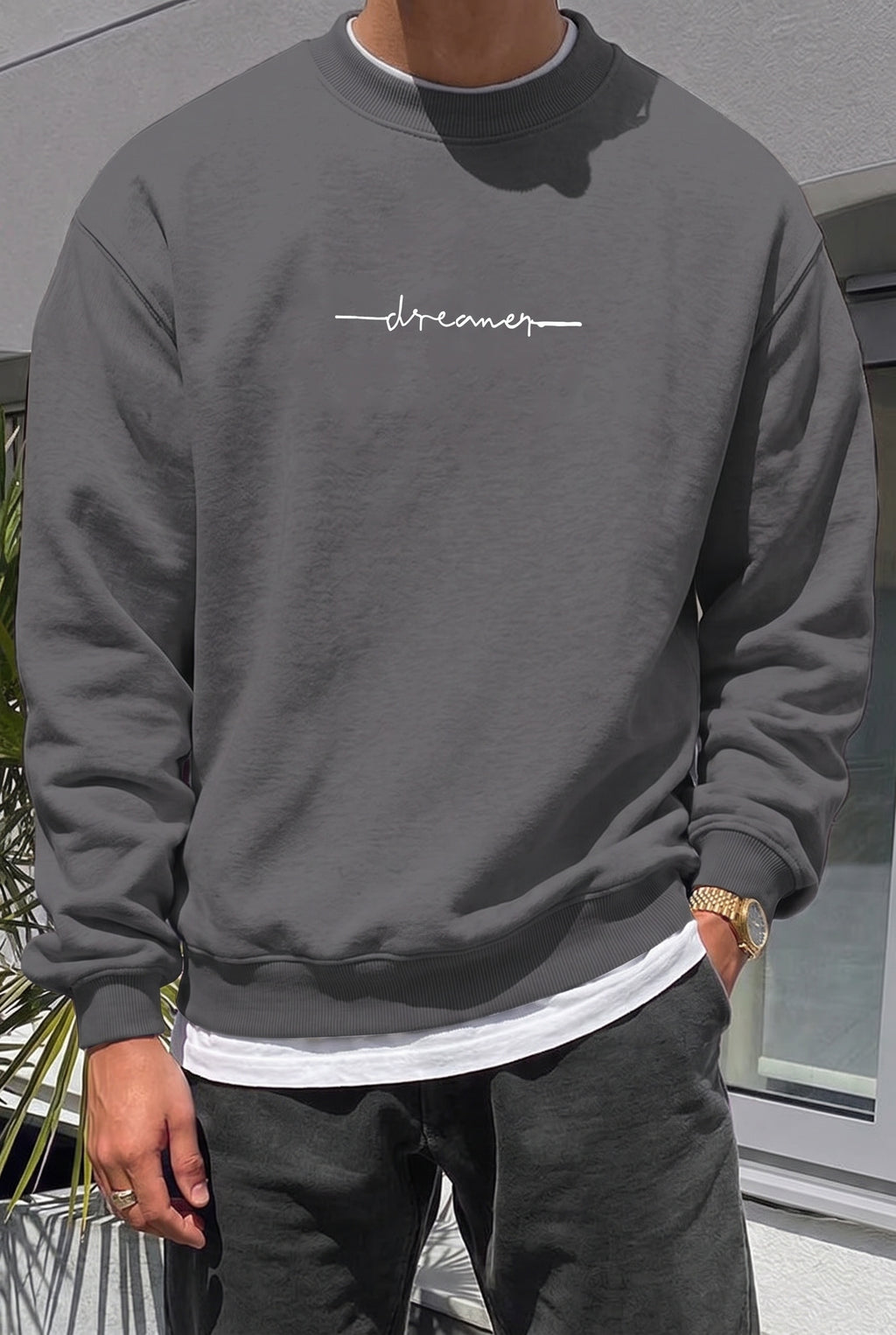 Erkek Füme Dreamer Baskılı 0 Sıfır Yaka Oversize Salaş Bol Kesim Polar Sweatshirt