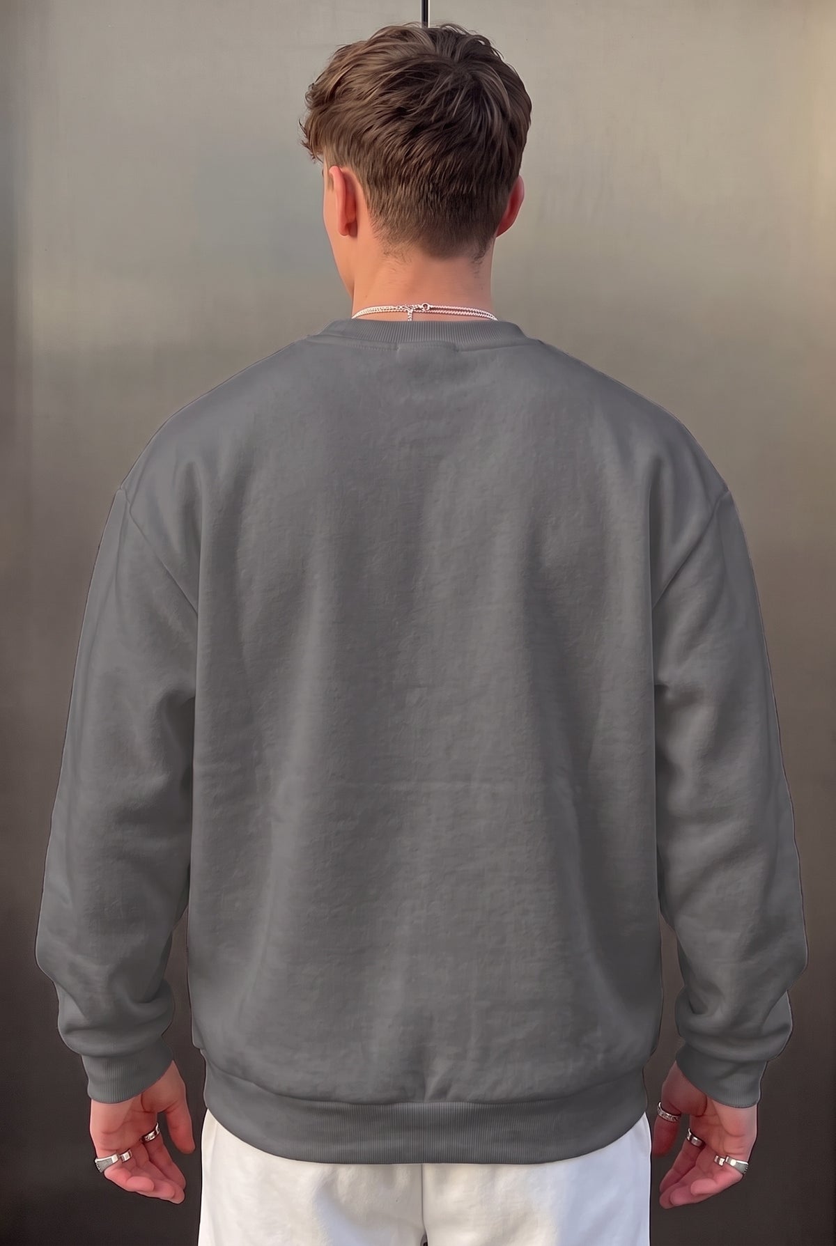 Erkek Füme Dreamer Baskılı 0 Sıfır Yaka Oversize Salaş Bol Kesim Polar Sweatshirt