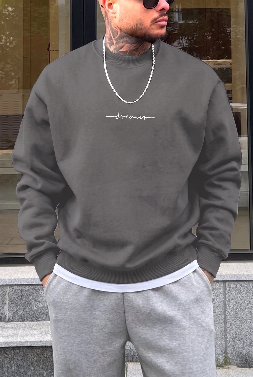 Erkek Füme Dreamer Baskılı 0 Sıfır Yaka Oversize Salaş Bol Kesim Polar Sweatshirt