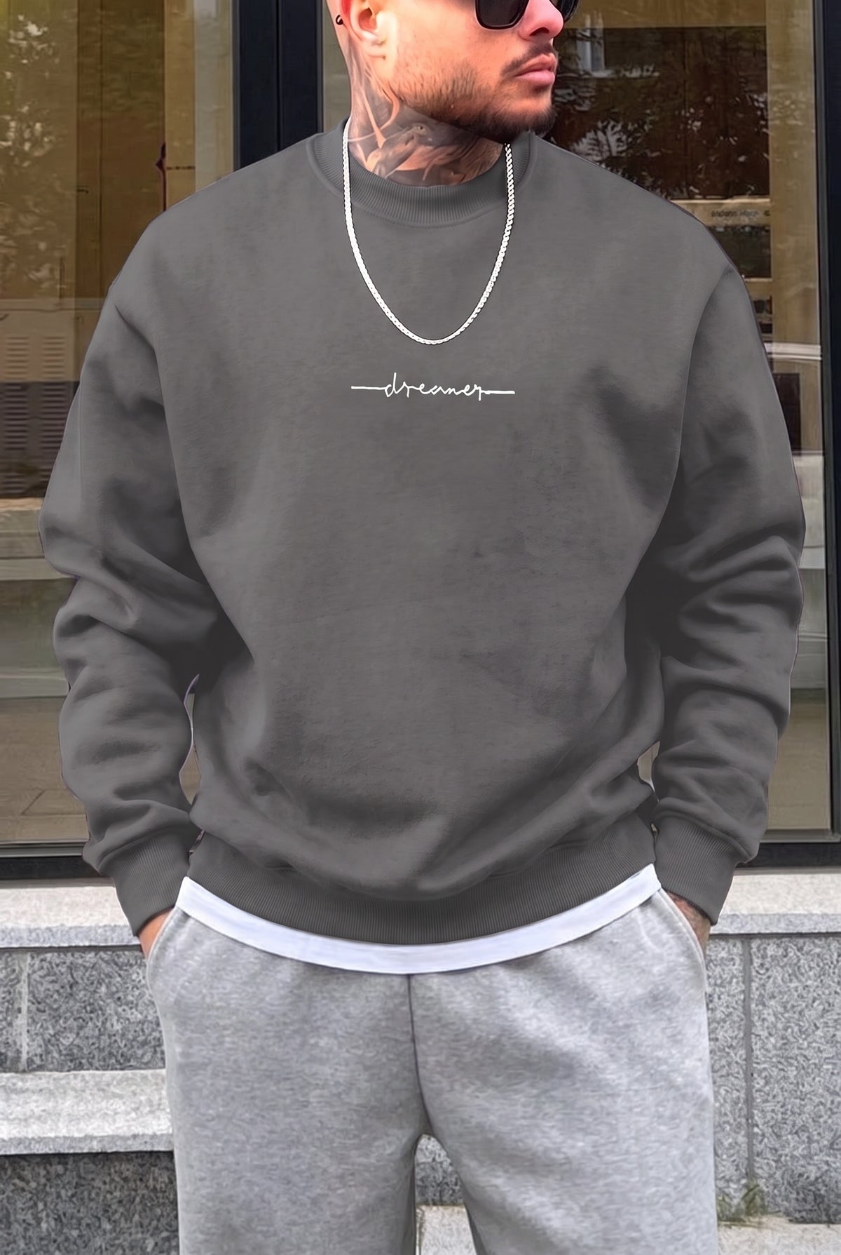 Erkek Füme Dreamer Baskılı 0 Sıfır Yaka Oversize Salaş Bol Kesim Polar Sweatshirt