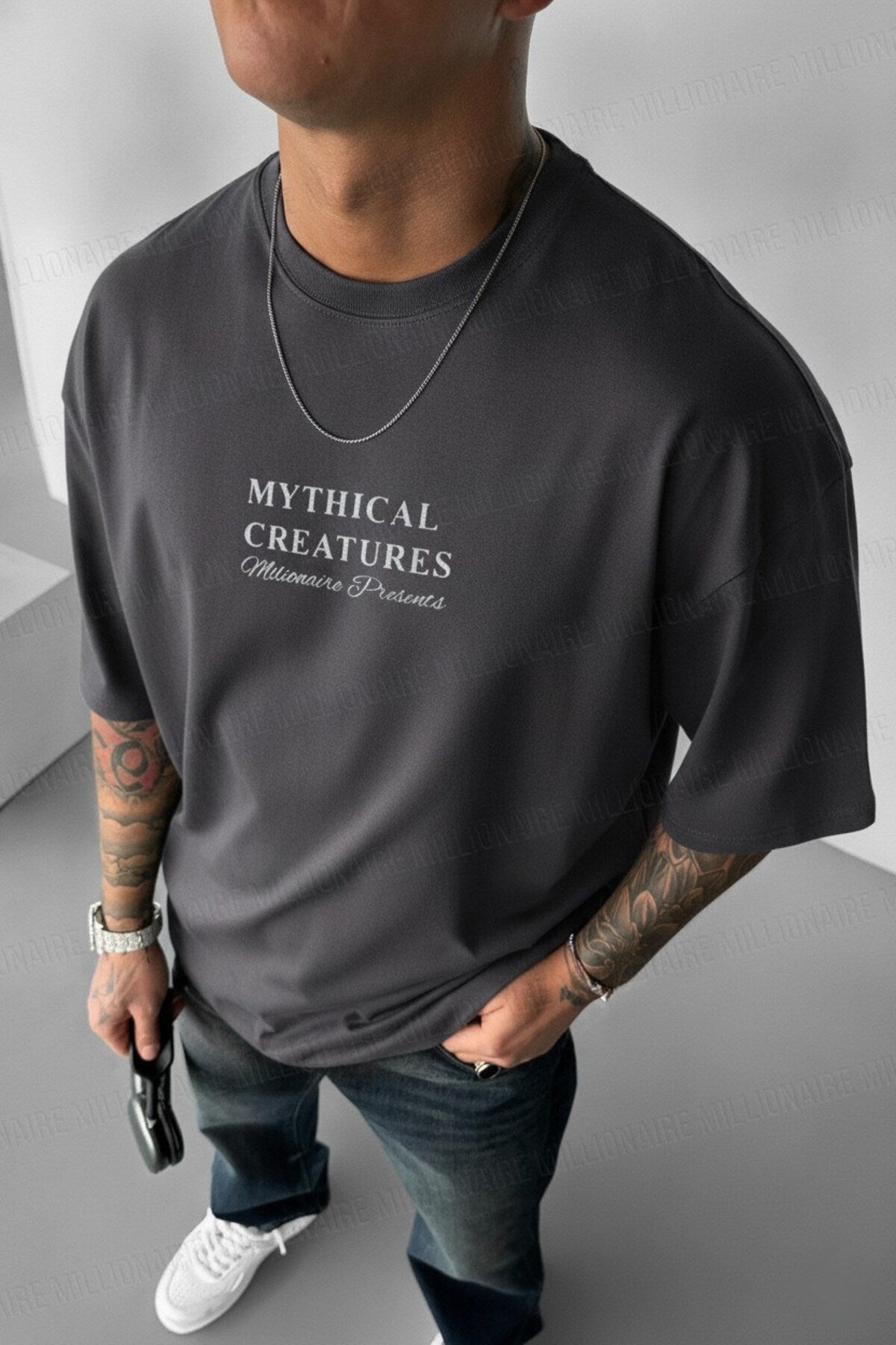 Erkek Füme Mythical Pegasus Baskılı Siyah Bisiklet Yaka Oversize Salaş T-Shirt