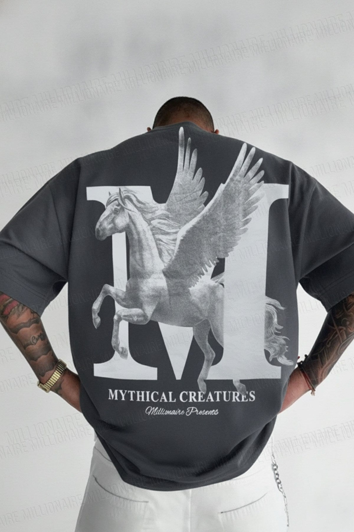 Erkek Füme Mythical Pegasus Baskılı Siyah Bisiklet Yaka Oversize Salaş T-Shirt
