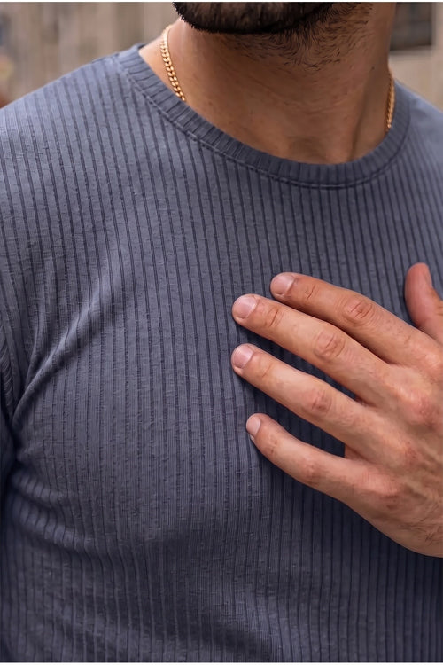 Erkek Füme Renkli Bisiklet Yaka Fitilli Örme Dik Çizgi Regular Kalıp Kısa Kol Tişört