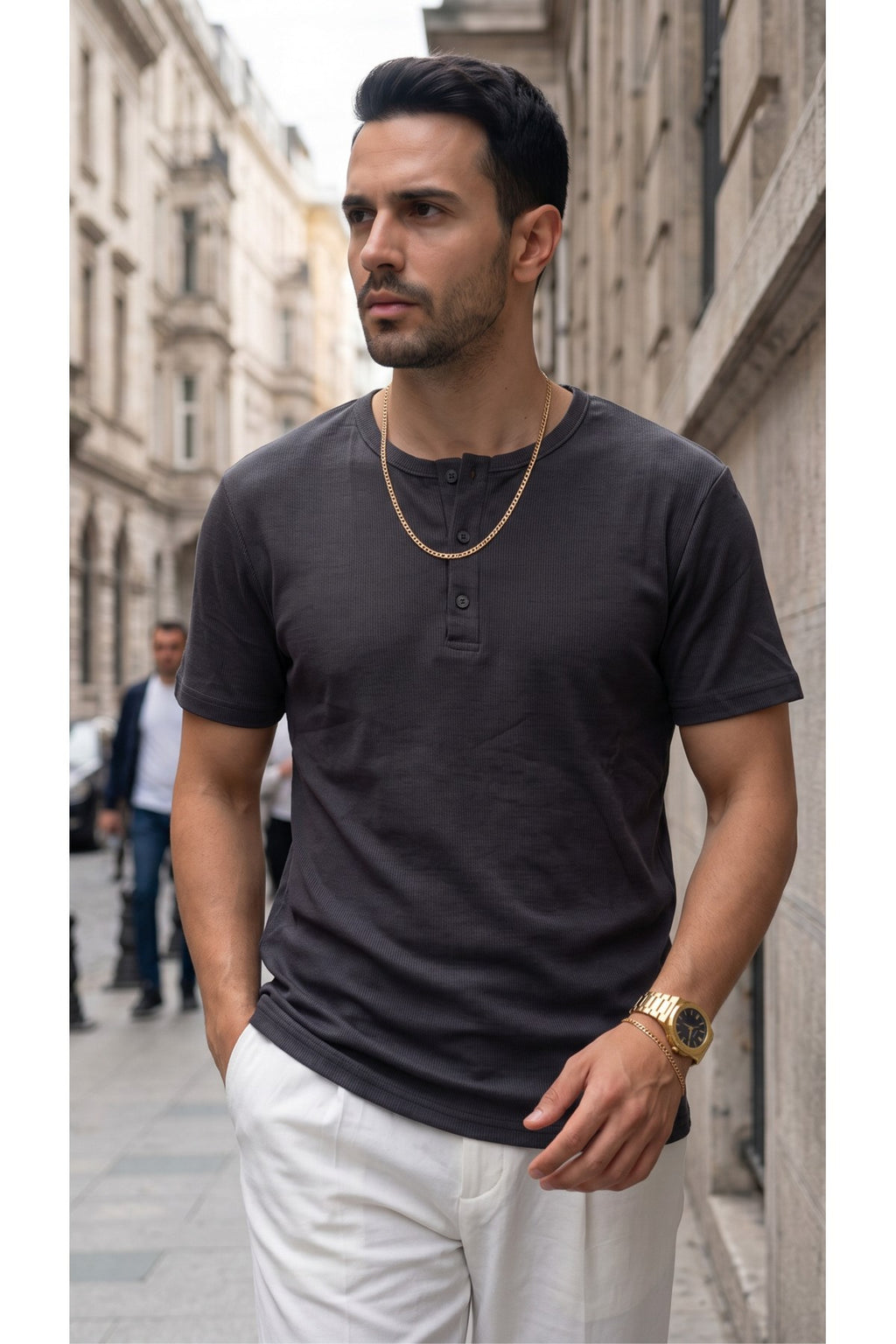 Erkek Füme Renkli Tişört Üç Düğmeli Patlı Fitilli Regular T-shirt