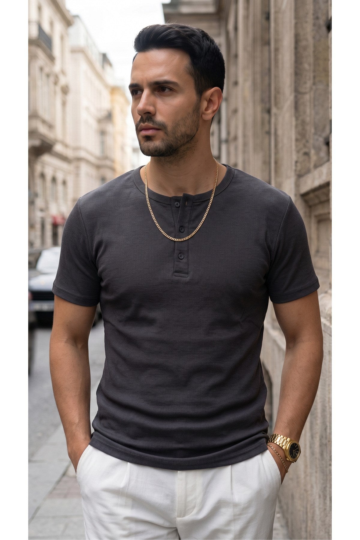 Erkek Füme Renkli Tişört Üç Düğmeli Patlı Fitilli Regular T-shirt