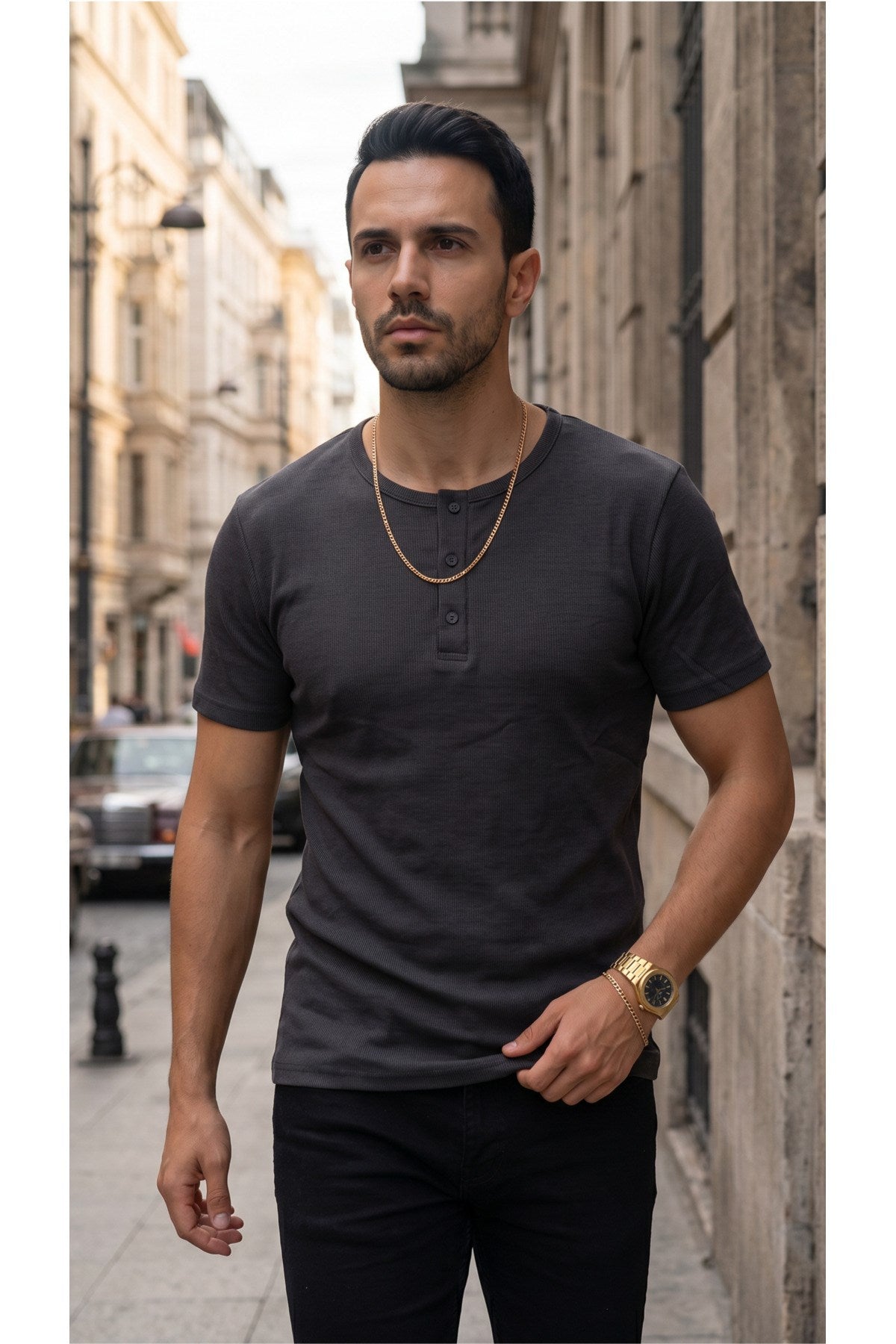 Erkek Füme Renkli Tişört Üç Düğmeli Patlı Fitilli Regular T-shirt