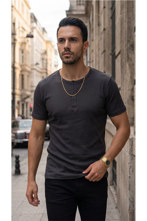Erkek Füme Renkli Tişört Üç Düğmeli Patlı Fitilli Regular T-shirt