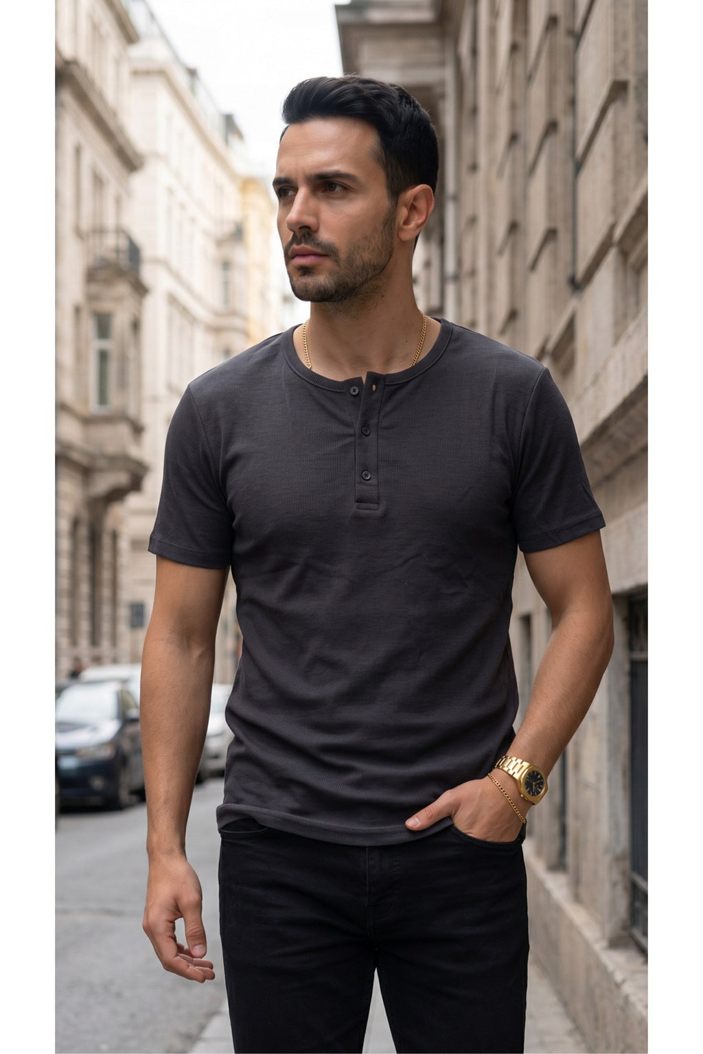 Erkek Füme Renkli Tişört Üç Düğmeli Patlı Fitilli Regular T-shirt