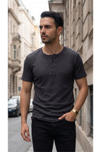 Erkek Füme Renkli Tişört Üç Düğmeli Patlı Fitilli Regular T-shirt