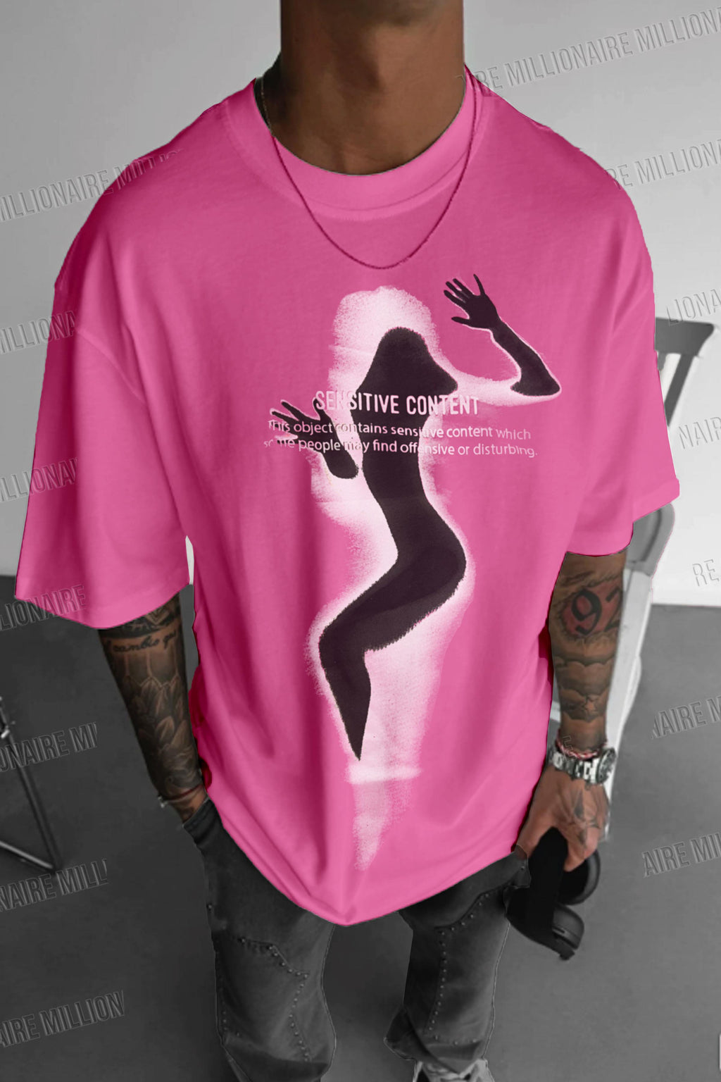 Erkek Fuşya Siluet Sensitive Content Oversize Fit Bol Geniş Kalıp Salaş Kesim T-shirt