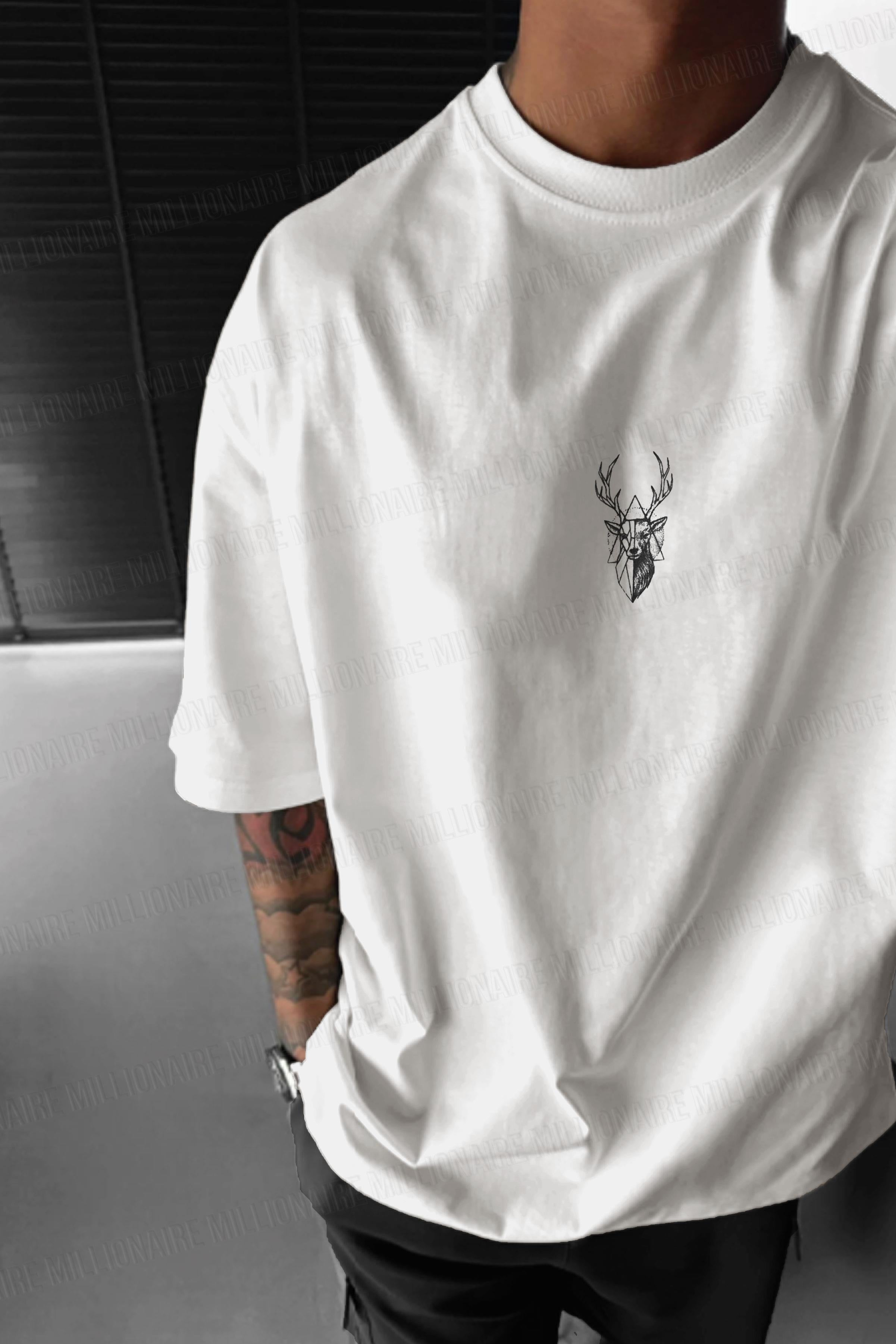 Erkek Ekru Beyaz Geyik Baskılı Oversize Fit Bol Geniş Kalıp Salaş Kesim T-shirt
