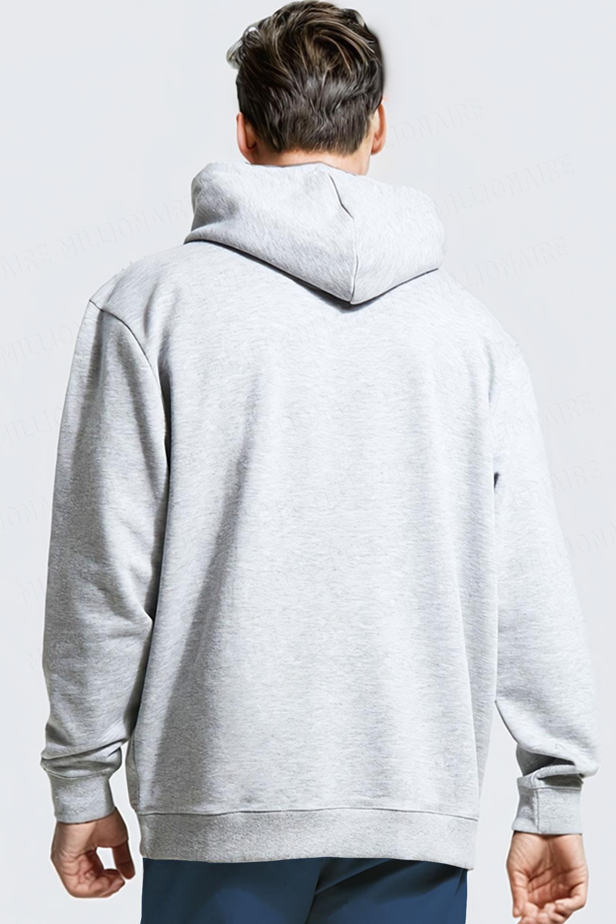 Erkek Gri Düz Kapüşonlu Oversize 3 iplik Şardonlu Salaş Bol Kesim Hoodie Sweatshirt