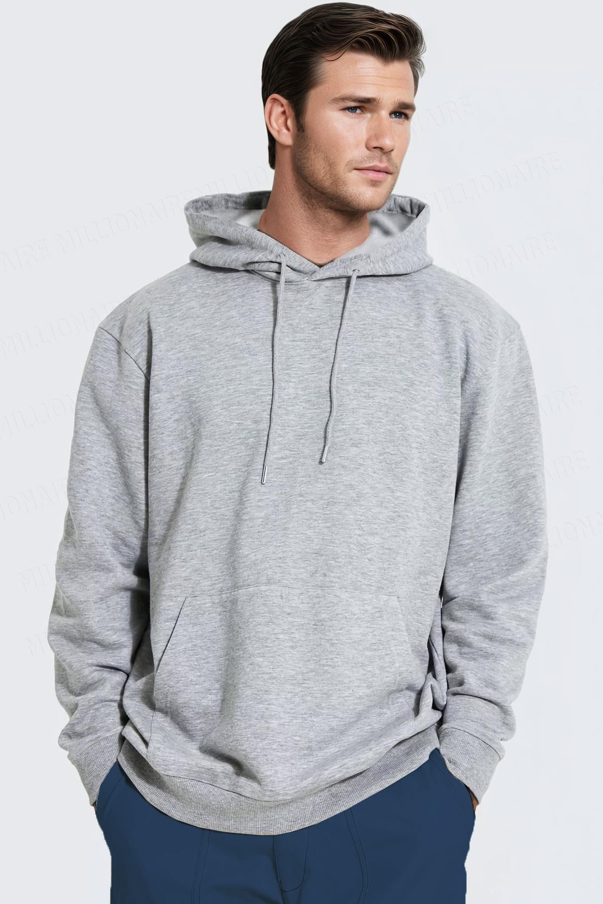 Erkek Gri Düz Kapüşonlu Oversize 3 iplik Şardonlu Salaş Bol Kesim Hoodie Sweatshirt
