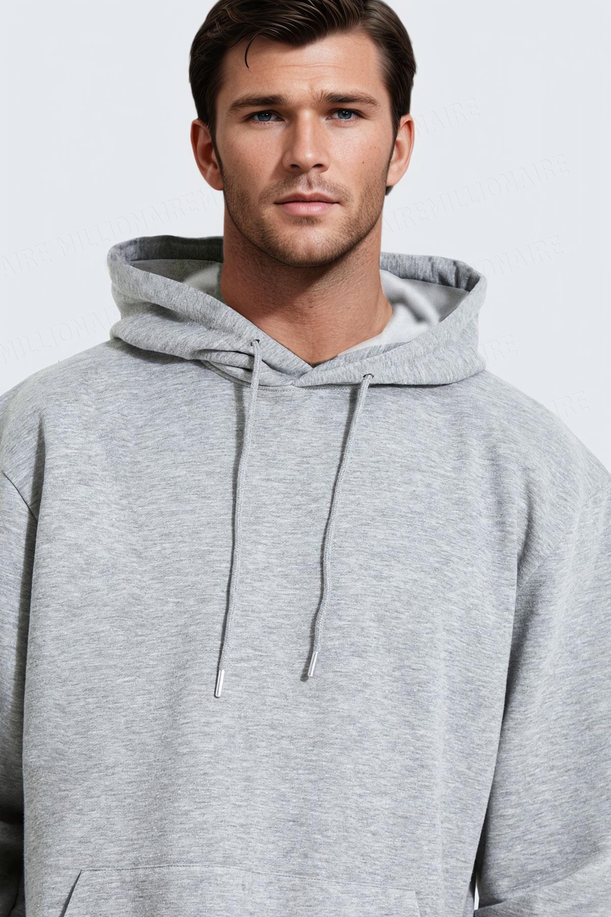 Erkek Gri Düz Kapüşonlu Oversize 3 iplik Şardonlu Salaş Bol Kesim Hoodie Sweatshirt