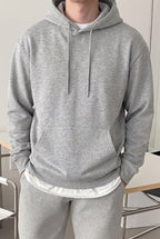 Erkek Gri Düz Kapüşonlu Oversize 3 iplik Şardonlu Salaş Bol Kesim Hoodie Sweatshirt