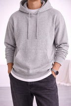 Erkek Gri Düz Kapüşonlu Oversize 3 iplik Şardonlu Salaş Bol Kesim Hoodie Sweatshirt