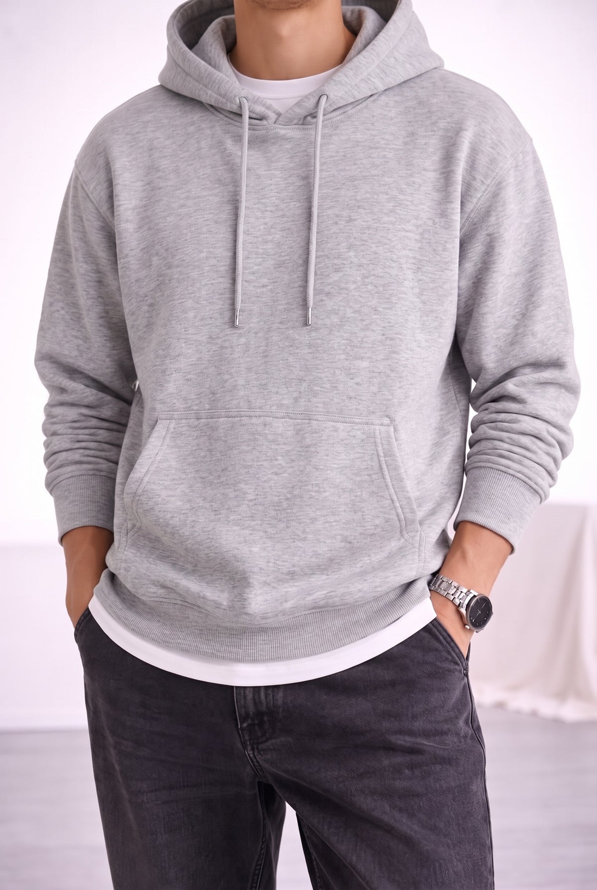 Erkek Gri Düz Kapüşonlu Oversize 3 iplik Şardonlu Salaş Bol Kesim Hoodie Sweatshirt