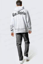 Erkek Gri Los Angeles Baskılı Kapüşonlu 3 Üç İplik Polar Kanguru Cepli Oversize Sweatshirt Hoodie