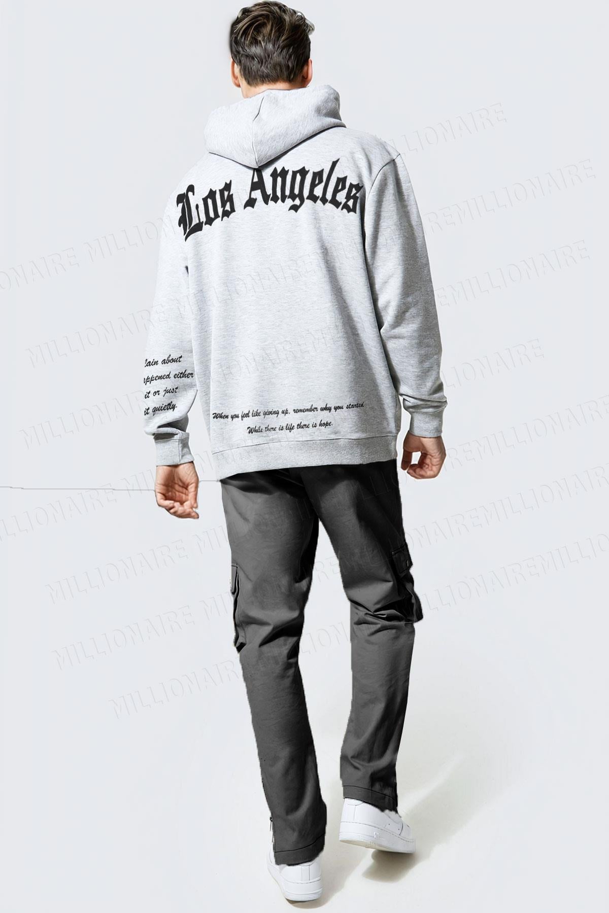 Erkek Gri Los Angeles Baskılı Kapüşonlu 3 Üç İplik Polar Kanguru Cepli Oversize Sweatshirt Hoodie