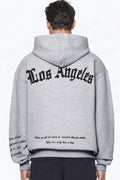 Erkek Gri Los Angeles Baskılı Kapüşonlu 3 Üç İplik Polar Kanguru Cepli Oversize Sweatshirt Hoodie