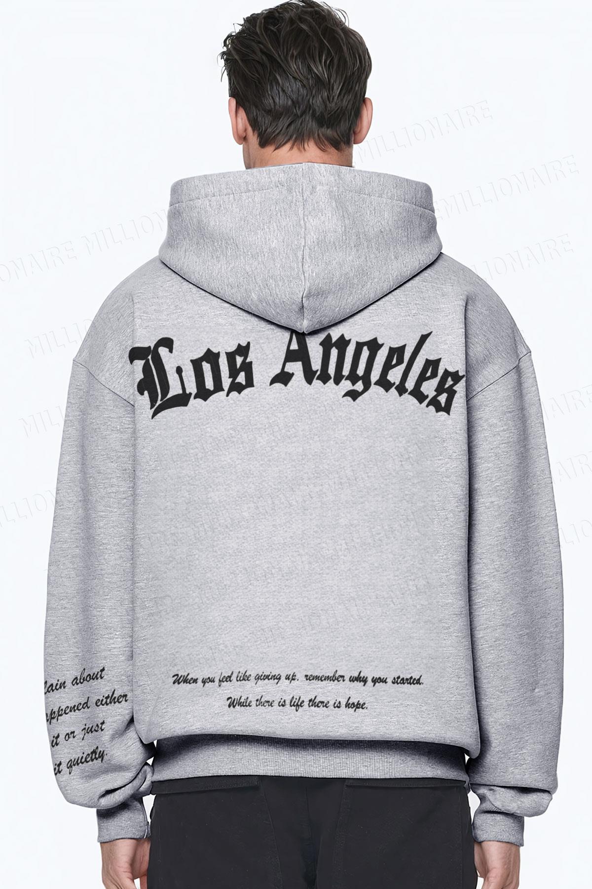 Erkek Gri Los Angeles Baskılı Kapüşonlu 3 Üç İplik Polar Kanguru Cepli Oversize Sweatshirt Hoodie
