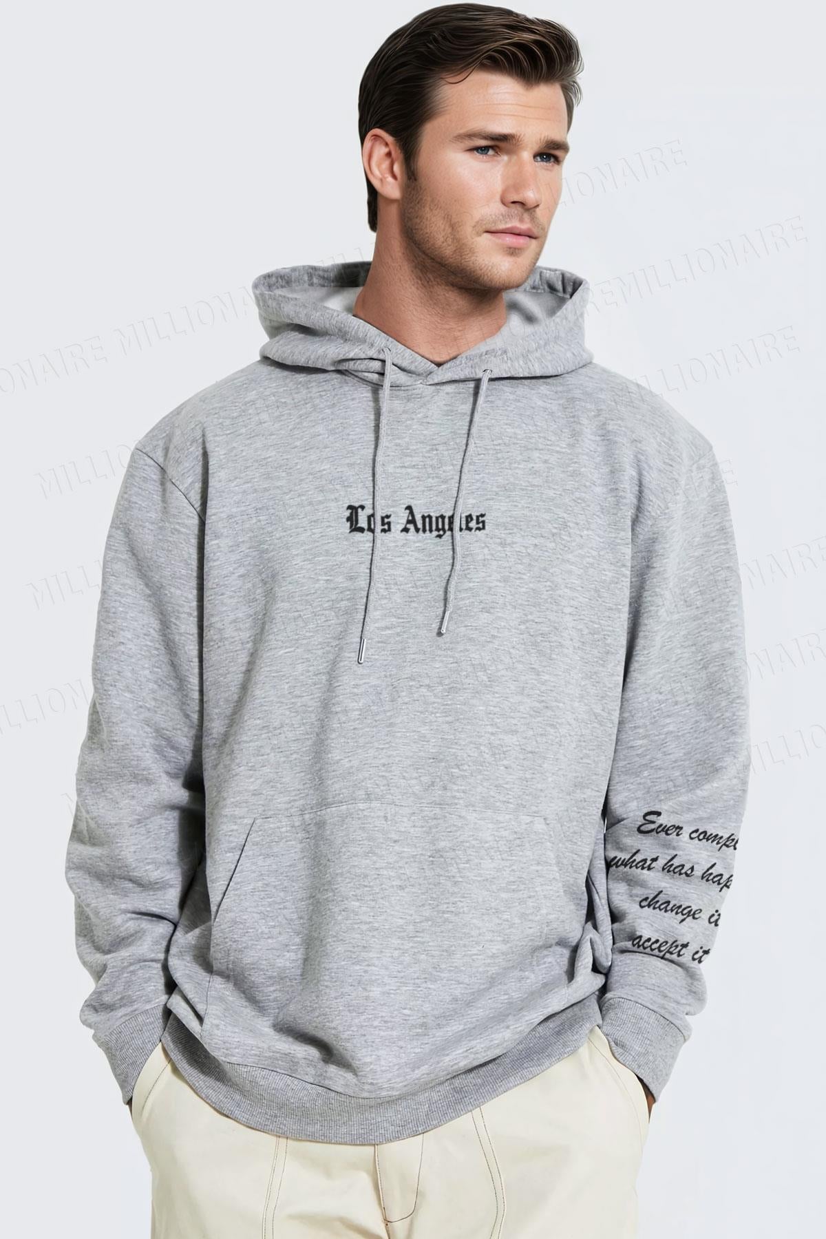 Erkek Gri Los Angeles Baskılı Kapüşonlu 3 Üç İplik Polar Kanguru Cepli Oversize Sweatshirt Hoodie