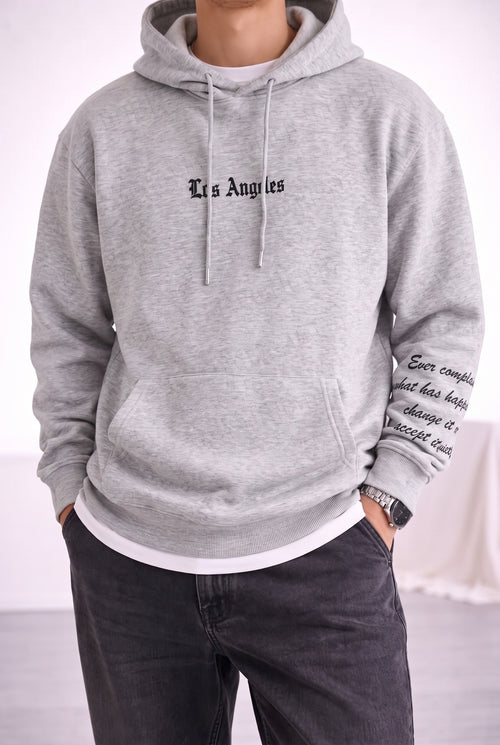 Erkek Gri Los Angeles Baskılı Kapüşonlu 3 Üç İplik Polar Kanguru Cepli Oversize Sweatshirt Hoodie