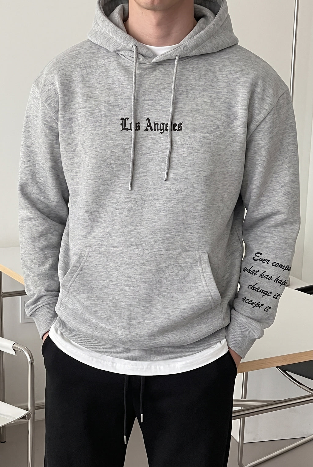 Erkek Gri Los Angeles Baskılı Kapüşonlu 3 Üç İplik Polar Kanguru Cepli Oversize Sweatshirt Hoodie