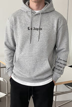 Erkek Gri Los Angeles Baskılı Kapüşonlu 3 Üç İplik Polar Kanguru Cepli Oversize Sweatshirt Hoodie