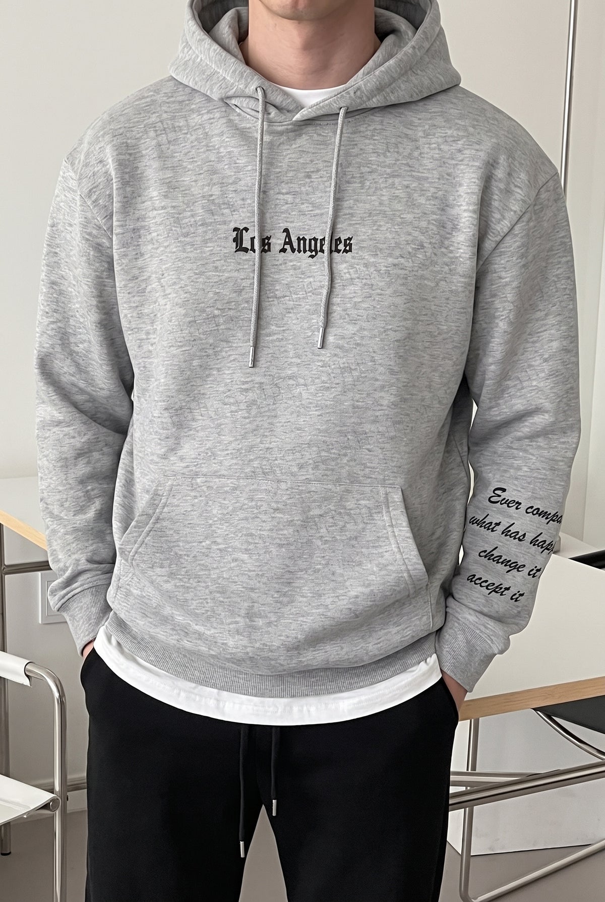 Erkek Gri Los Angeles Baskılı Kapüşonlu 3 Üç İplik Polar Kanguru Cepli Oversize Sweatshirt Hoodie