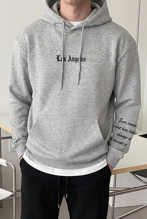 Erkek Gri Los Angeles Baskılı Kapüşonlu 3 Üç İplik Polar Kanguru Cepli Oversize Sweatshirt Hoodie