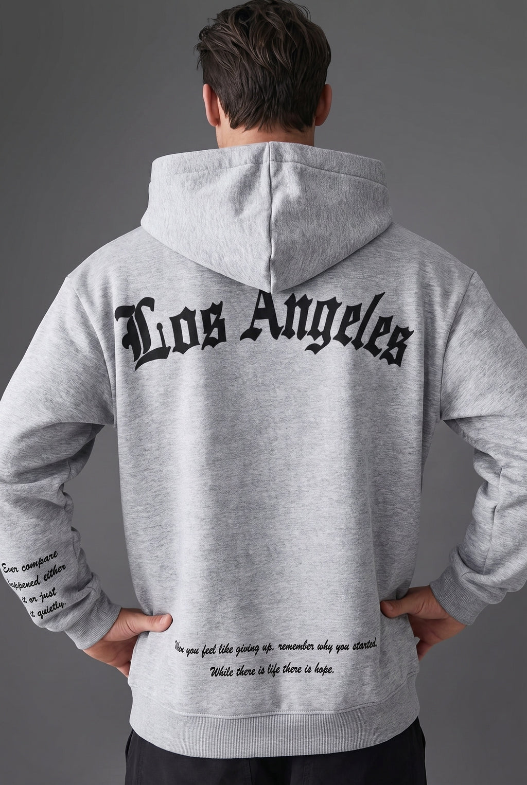 Erkek Gri Los Angeles Baskılı Kapüşonlu 3 Üç İplik Polar Kanguru Cepli Oversize Sweatshirt Hoodie