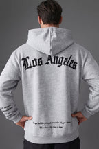 Erkek Gri Los Angeles Baskılı Kapüşonlu 3 Üç İplik Polar Kanguru Cepli Oversize Sweatshirt Hoodie
