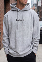 Erkek Gri Los Angeles Baskılı Kapüşonlu 3 Üç İplik Polar Kanguru Cepli Oversize Sweatshirt Hoodie