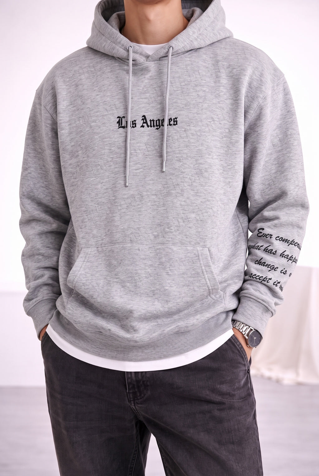Erkek Gri Los Angeles Baskılı Kapüşonlu 3 Üç İplik Polar Kanguru Cepli Oversize Sweatshirt Hoodie