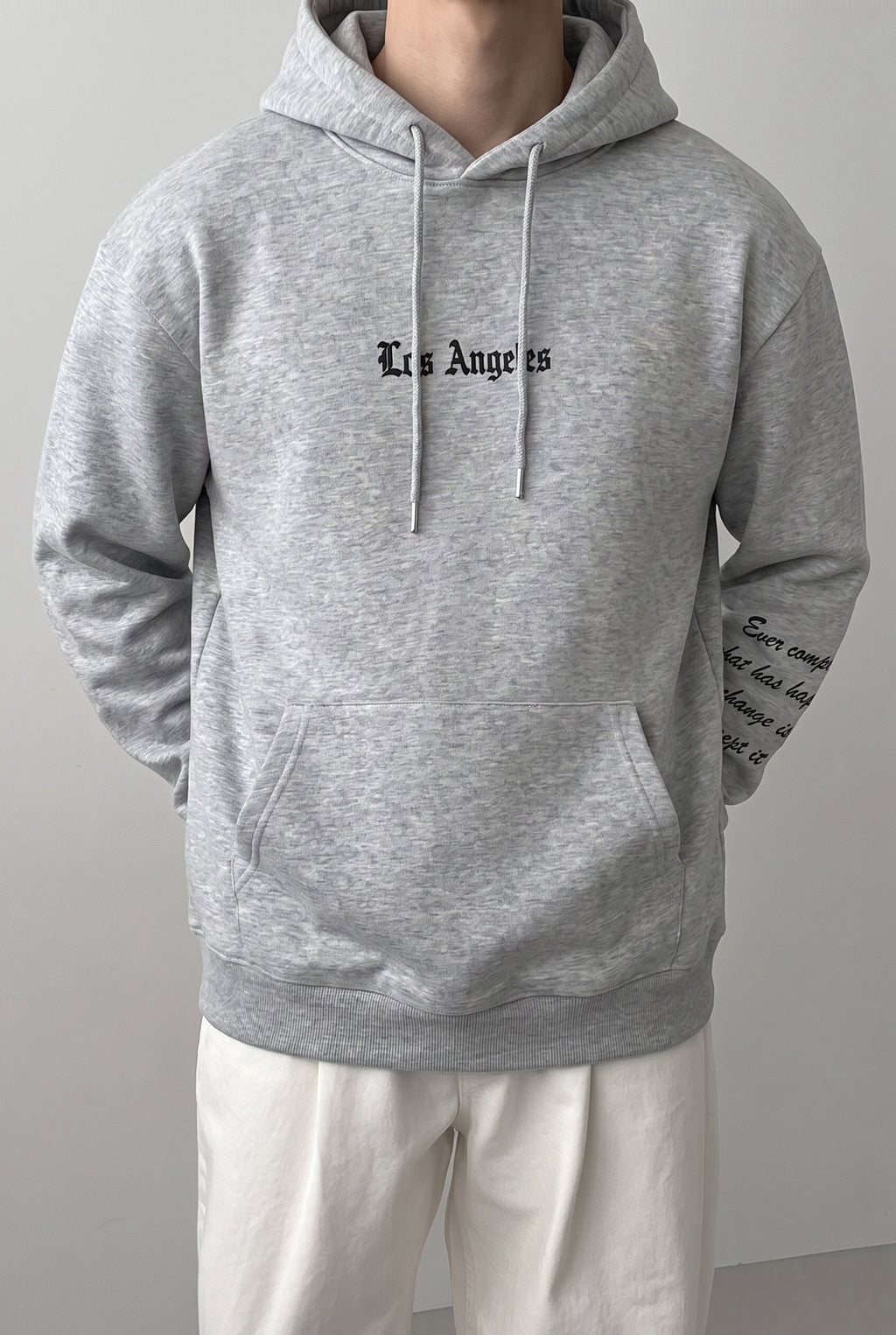 Erkek Gri Los Angeles Baskılı Kapüşonlu 3 Üç İplik Polar Kanguru Cepli Oversize Sweatshirt Hoodie