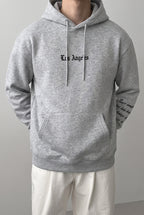 Erkek Gri Los Angeles Baskılı Kapüşonlu 3 Üç İplik Polar Kanguru Cepli Oversize Sweatshirt Hoodie