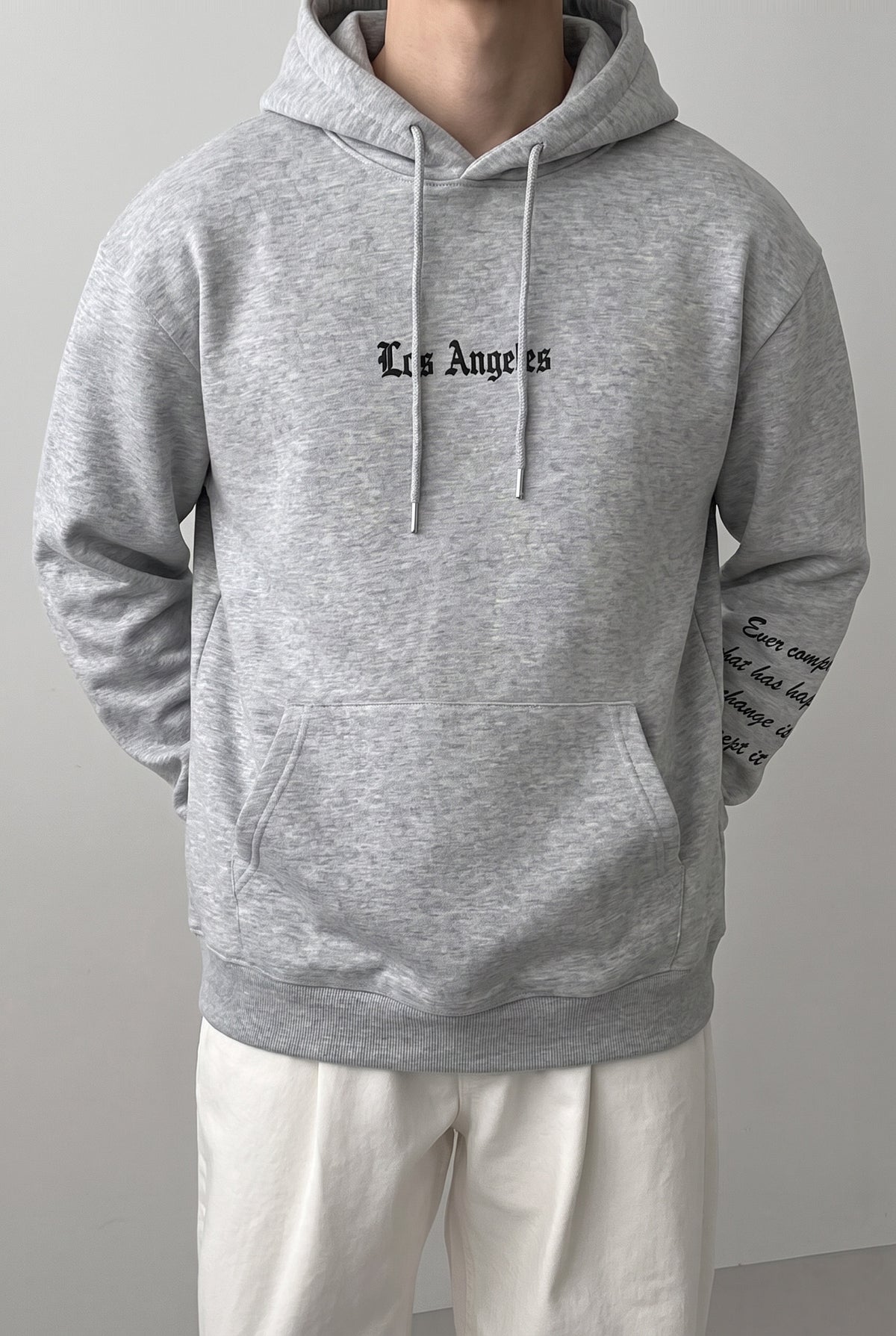Erkek Gri Los Angeles Baskılı Kapüşonlu 3 Üç İplik Polar Kanguru Cepli Oversize Sweatshirt Hoodie