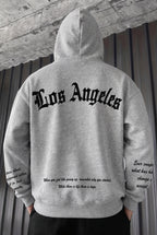 Erkek Gri Los Angeles Baskılı Kapüşonlu 3 Üç İplik Polar Kanguru Cepli Oversize Sweatshirt Hoodie