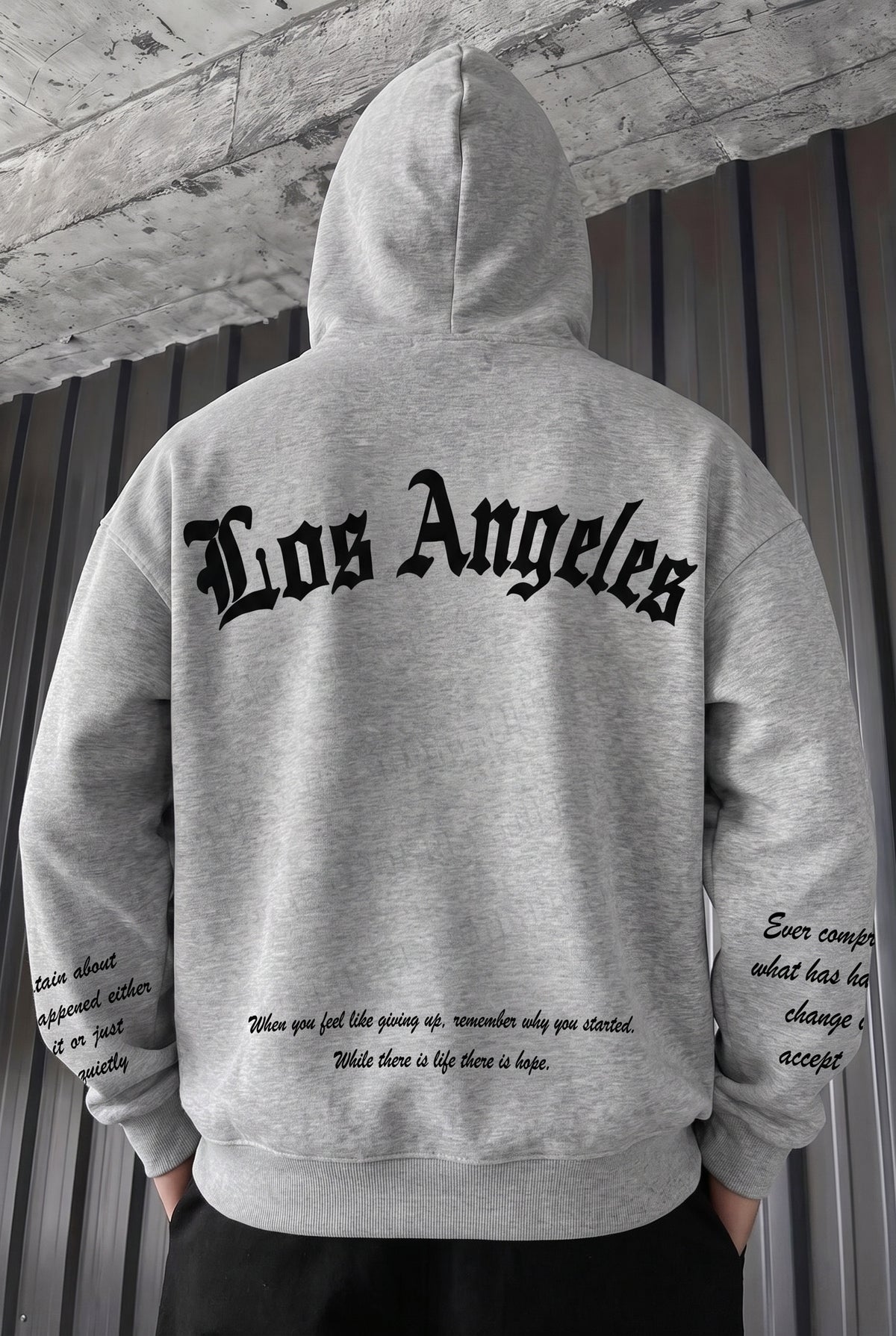 Erkek Gri Los Angeles Baskılı Kapüşonlu 3 Üç İplik Polar Kanguru Cepli Oversize Sweatshirt Hoodie
